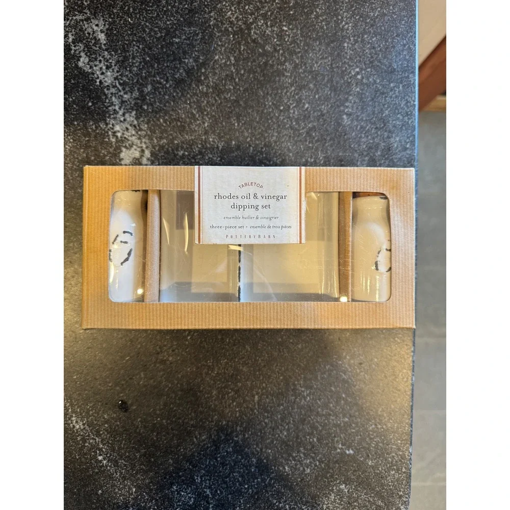 Pottery Barn Rhodes Oil and Vinegar Dipping Set White Ceramic 3 Piece Farmhouse